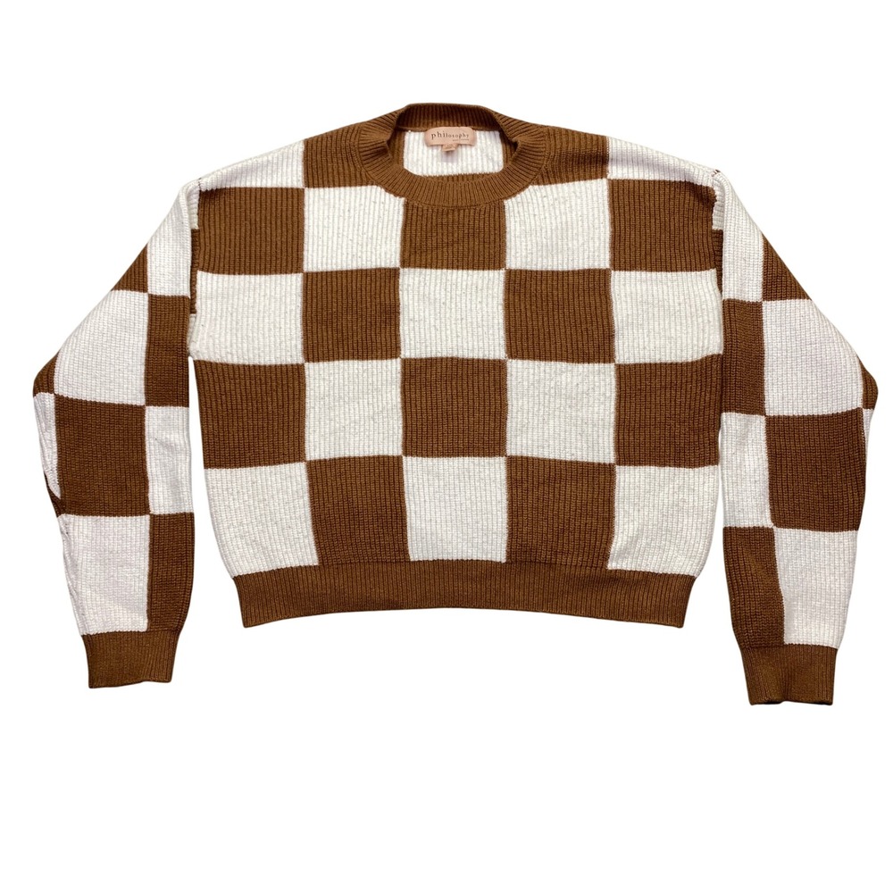 Philosophy Republic Clothing Brown White Checkered‎ Crewneck Sweater Large